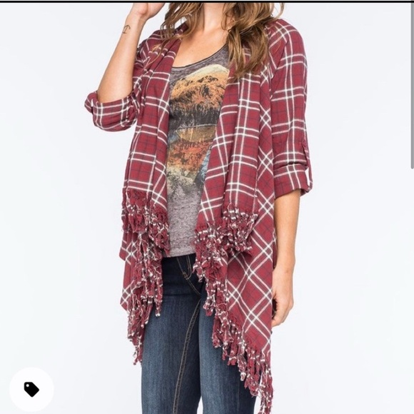 En Creme Plaid Flannel Fringed Cardigan Scarf Shaw Sz M - Picture 2 of 8